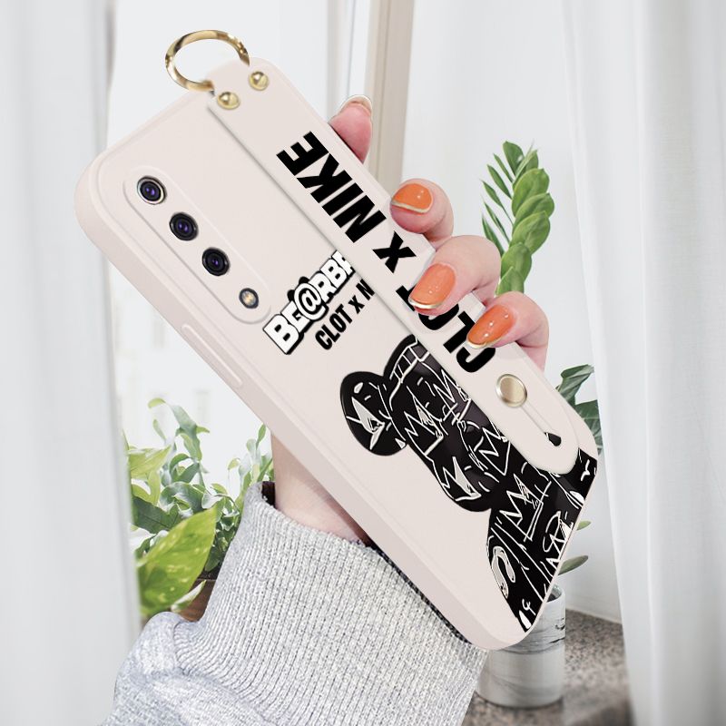 Jizetin for Xiaomi Mi 9 Wrist Strap Case Creative Cartoon Black Stitching Bear Cover Ultra Thin Anti Fall Liquid Silicone Phone Case