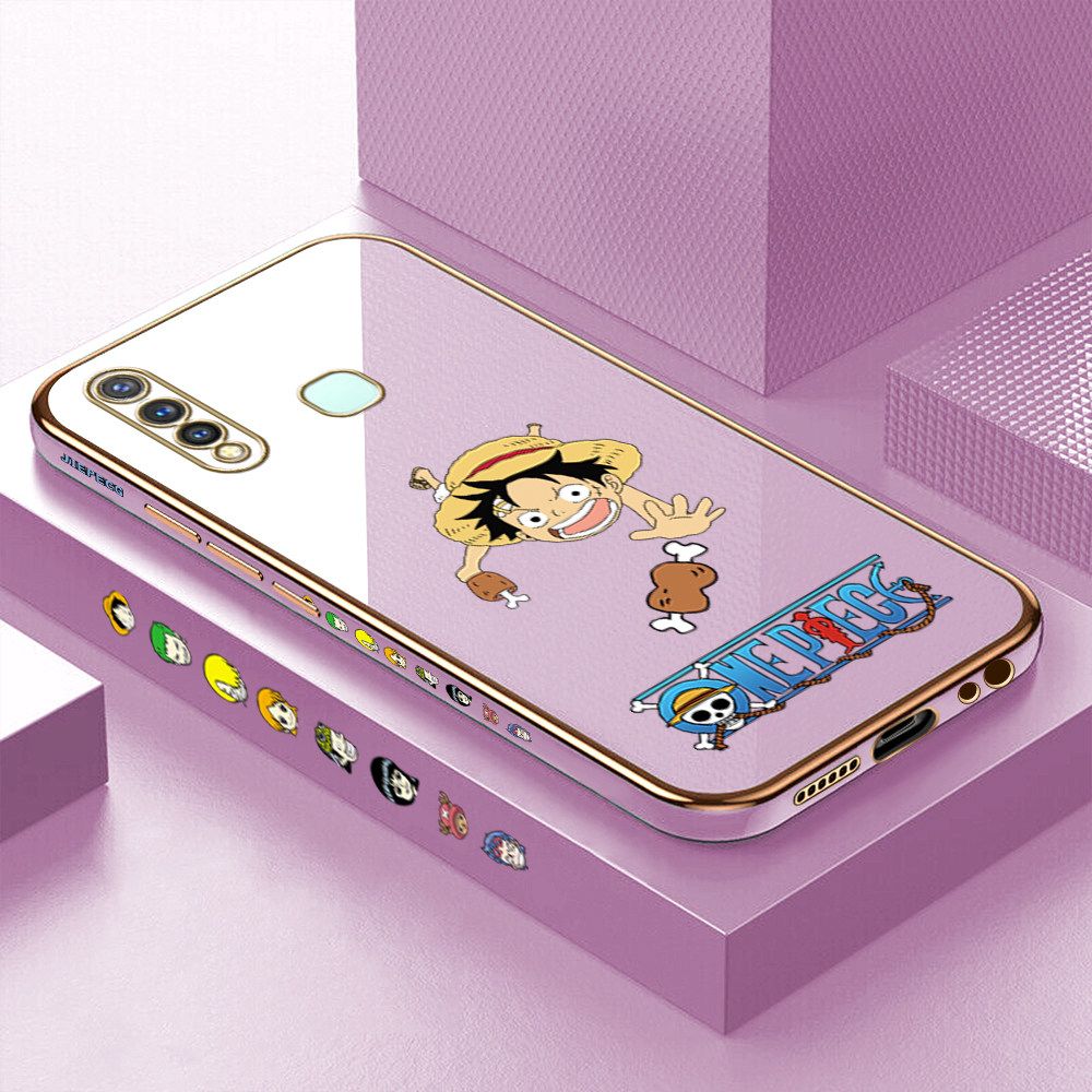 Luxury 6D Plating Case for Vivo Y19 Gluttonous Cartoon Luffy Side Pattern Back Cover Soft Silicone Square Frame Shiny Bling Phone Cases + Free Lanyard