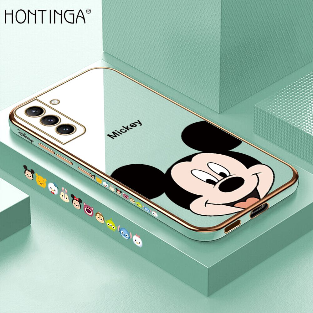 Hontinga for Samsung S21 Plus 5G Back Cover + Free Lanyard Luxury 6D Plating Cartoon Mouse Side Pattern Case Soft Silicone Square Mobile Cover