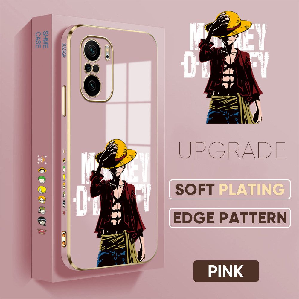Jizetin (Free Lanyard) Xiaomi Poco F3 / Redmi K40 / K40 Pro Back Cover Holding Cap Luffy Luxury 6D Plating Case Side Pattern Soft Silicone Square Mobile Phone Cases
