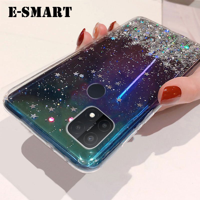 For Realme C21 Case Glitter Silicone Soft Back Covers Starry Sky String Glitter Transparent Space Stars Moon Realme C21 Back Cover