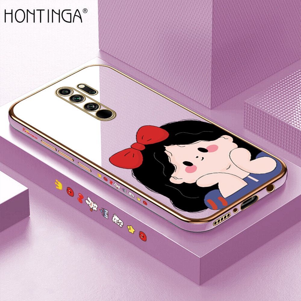 Hontinga for Redmi Note 8 Pro Back Cover + Free Lanyard Luxury 6D Plating Cute Bow Girl Side Pattern Case Soft Silicone Square Mobile Cover