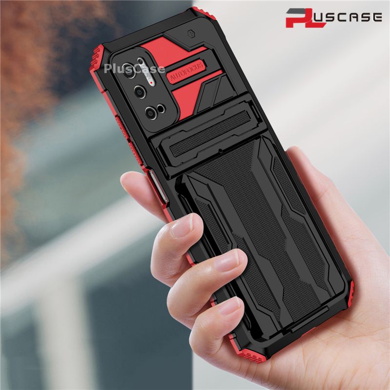 PlusCase for Xiaomi Redmi Note 10 5G Case Card Slot Holder Lens Protect Casing Kickstand Shockproof Phone Back Cover