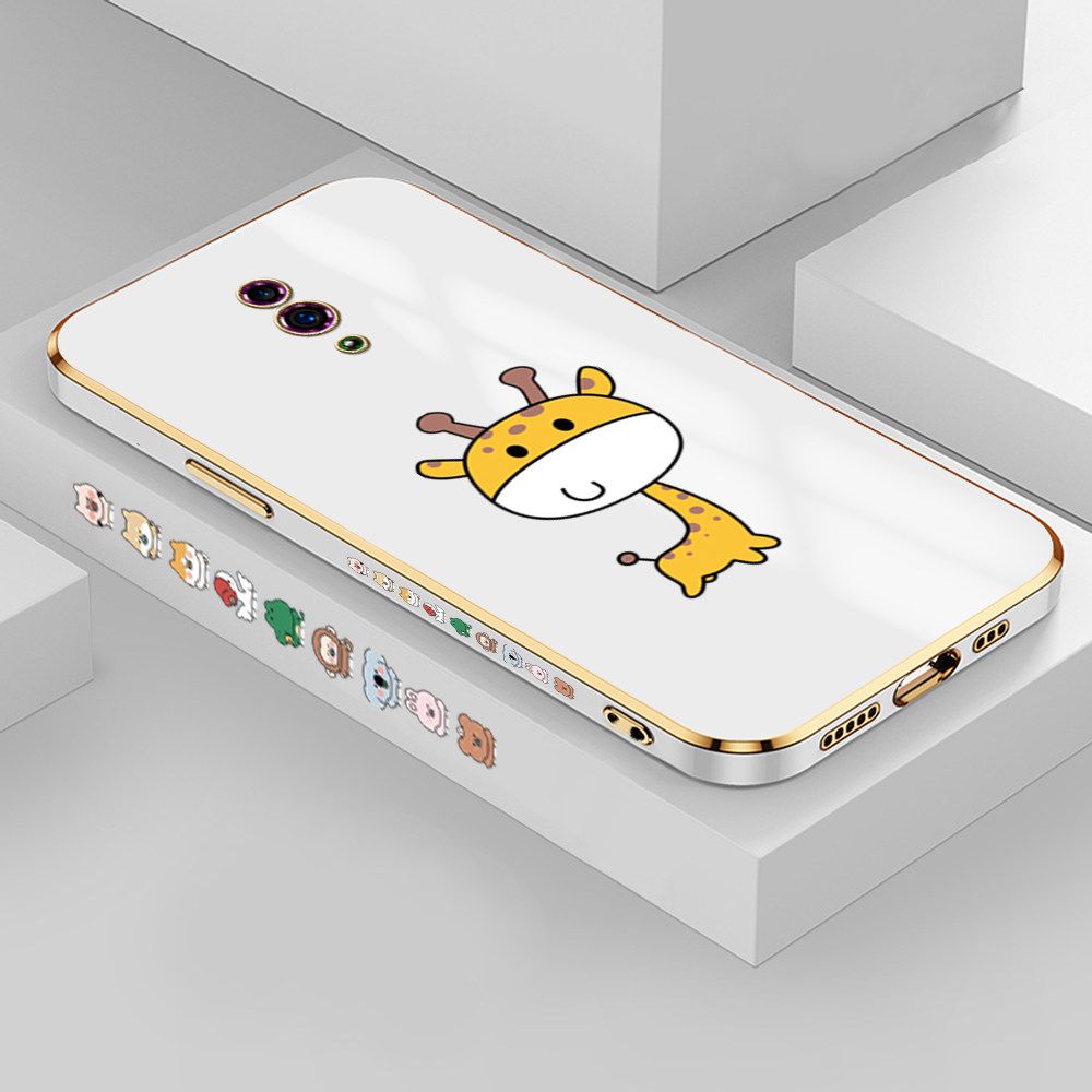 Jizetin (Free Lanyard) OPPO Reno Case Cute Cartoon Big Head Giraffe Luxury 6D Plating Soft Casing Silicone Ultra Thin Phone Cover