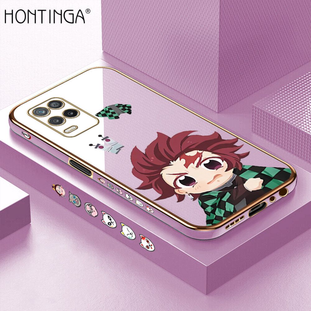 Hontinga for Realme 8 5G Back Cover + Free Lanyard Luxury 6D Plating Cartoon Anime Tanjirou Side Pattern Case Soft Silicone Square Mobile Cover