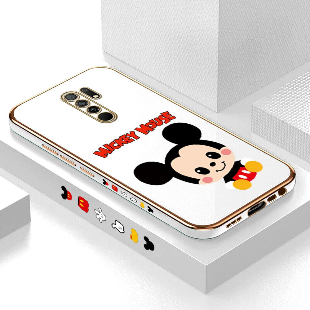 Luxury 6D Plating Case for Redmi 9 Cute Cartoon Mouse Side Pattern Back Cover Soft Silicone Square Frame Shiny Bling Phone Cases + Free Lanyard