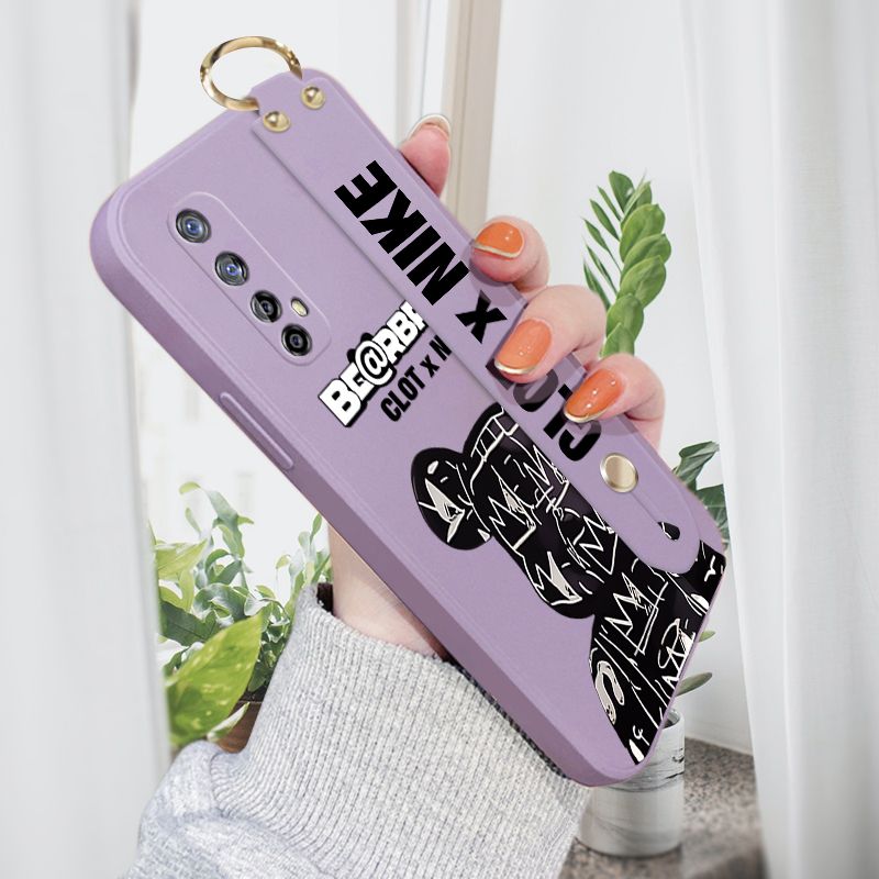 Jizetin for Realme 7 Wrist Strap Case Creative Cartoon Black Stitching Bear Cover Ultra Thin Anti Fall Liquid Silicone Phone Case