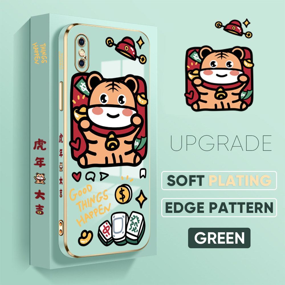 TA for iPhone X XS Back Cover + Free Lanyard Cute Animals Luxury 6D Plating Case Side Pattern Soft Silicone Square Phone Cases