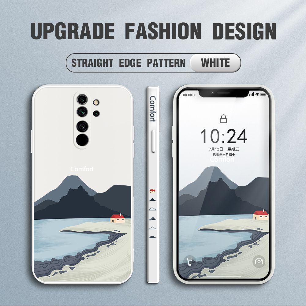 Jizetin for Xiaomi Redmi Note 8 Pro Case Mount Fuji Design Side Design Phone Case Square Edge Pattern Liquid Silicone Cases Full Cover Camera Shockproof Protective Case