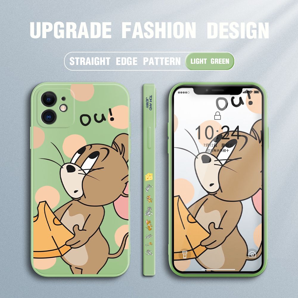 Jizetin for iPhone 12 Mini Case Tom and Jerry Design Side Design Phone Case Square Edge Pattern Liquid Silicone Cases Full Cover Camera Shockproof Protective Case
