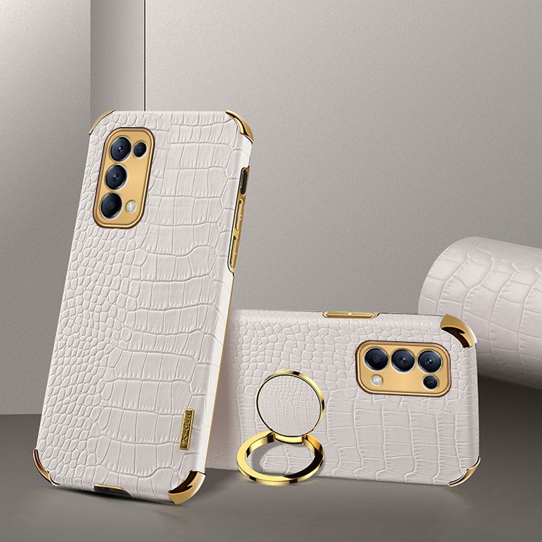 Luxury Plated Crocodile Pattern Leather Holder Phone Case For OPPO Reno5 5G Magentic Car Ring Stand Cover