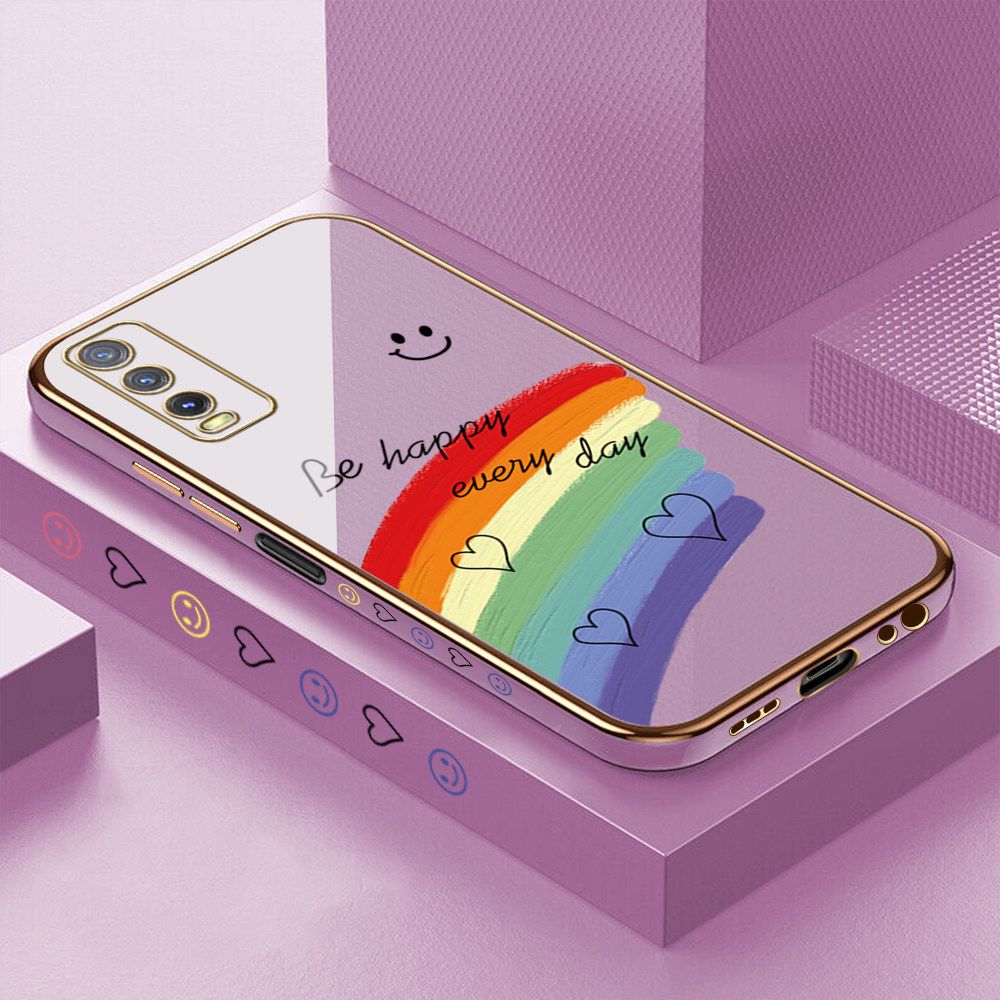 Luxury 6D Plating Case for Vivo Y20i Smile Rainbow Lover Heart Side Pattern Back Cover Soft Silicone Square Frame Shiny Bling Phone Cases + Free Lanyard