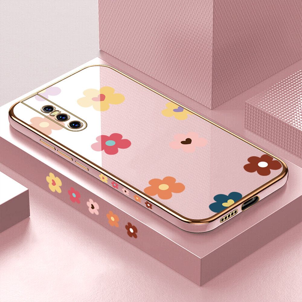 Luxury 6D Plating Case for Vivo V15 Pro Color Cartoon Flowers Side Pattern Back Cover Soft Silicone Square Frame Shiny Bling Phone Cases + Free Lanyard