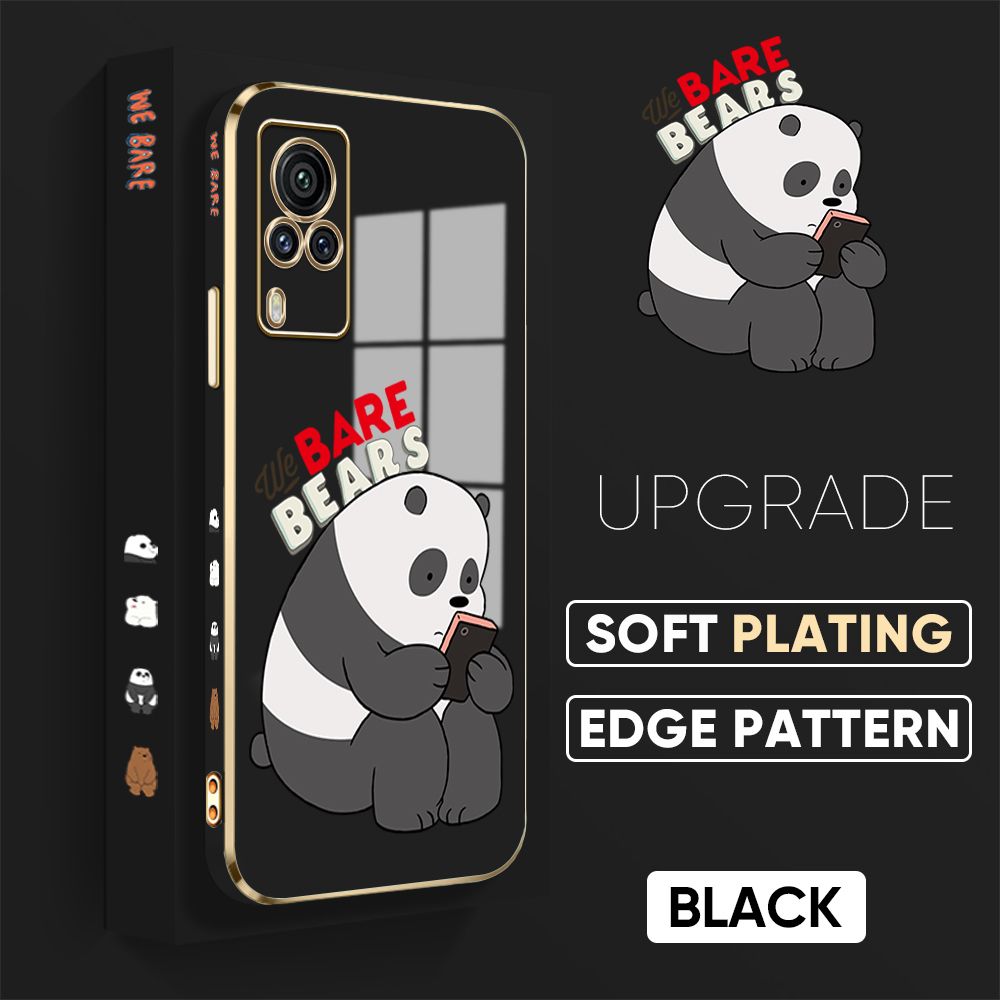 Jizetin (Free Lanyard) Vivo X60 Pro Cover Panda Reading Luxury 6D Plating Soft Casing Silicone Square Frame Phone Case Shiny Bling Back Cover