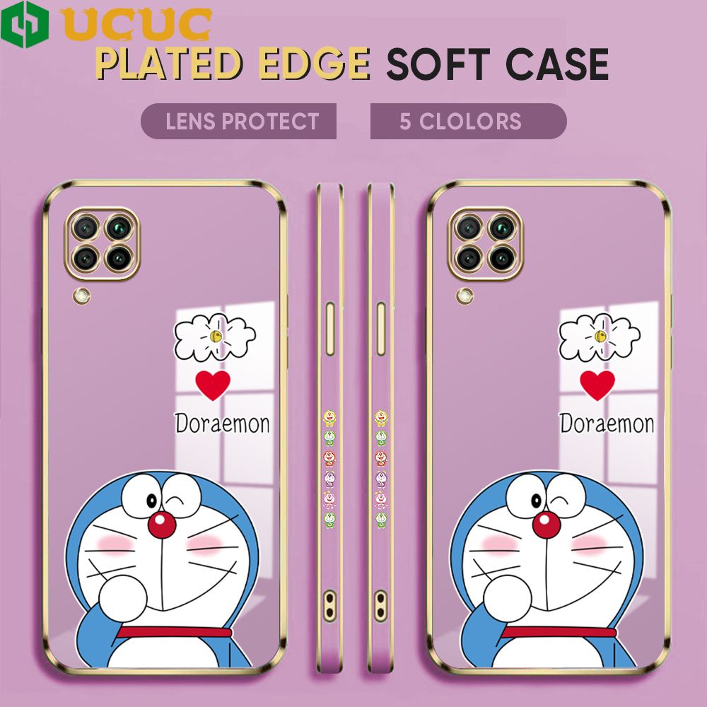 UCUC for Huawei Nova 7I Back Cover + Free Lanyard Sneak Doraemon Luxury 6D Plating Case Side Pattern Soft Silicone Square Phone Cases
