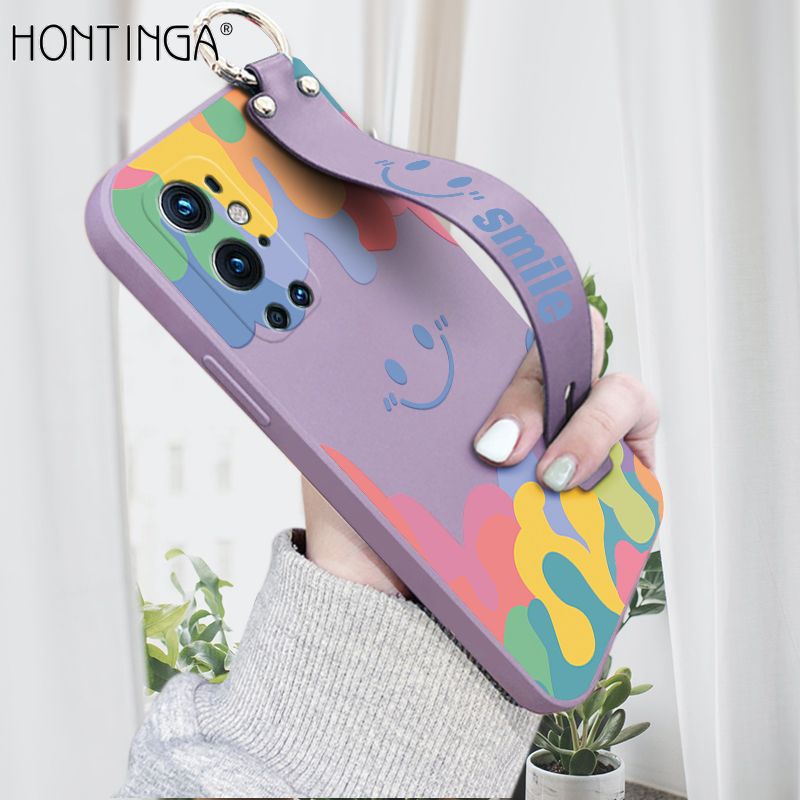 Hontinga for OnePlus 9 Pro Wrist Strap Case Soft Candy Color Splash Ink Cover Trend Square Printed Pattern Liquid Silicone Phone Case