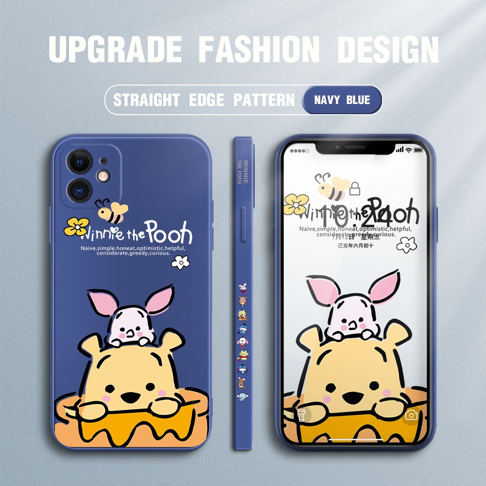 Jizetin for iPhone 12 Case Side Design Phone Cover Lovely Cartoon Pooh Bear Cover Square Edge Pattern Liquid Silicone Trend Case
