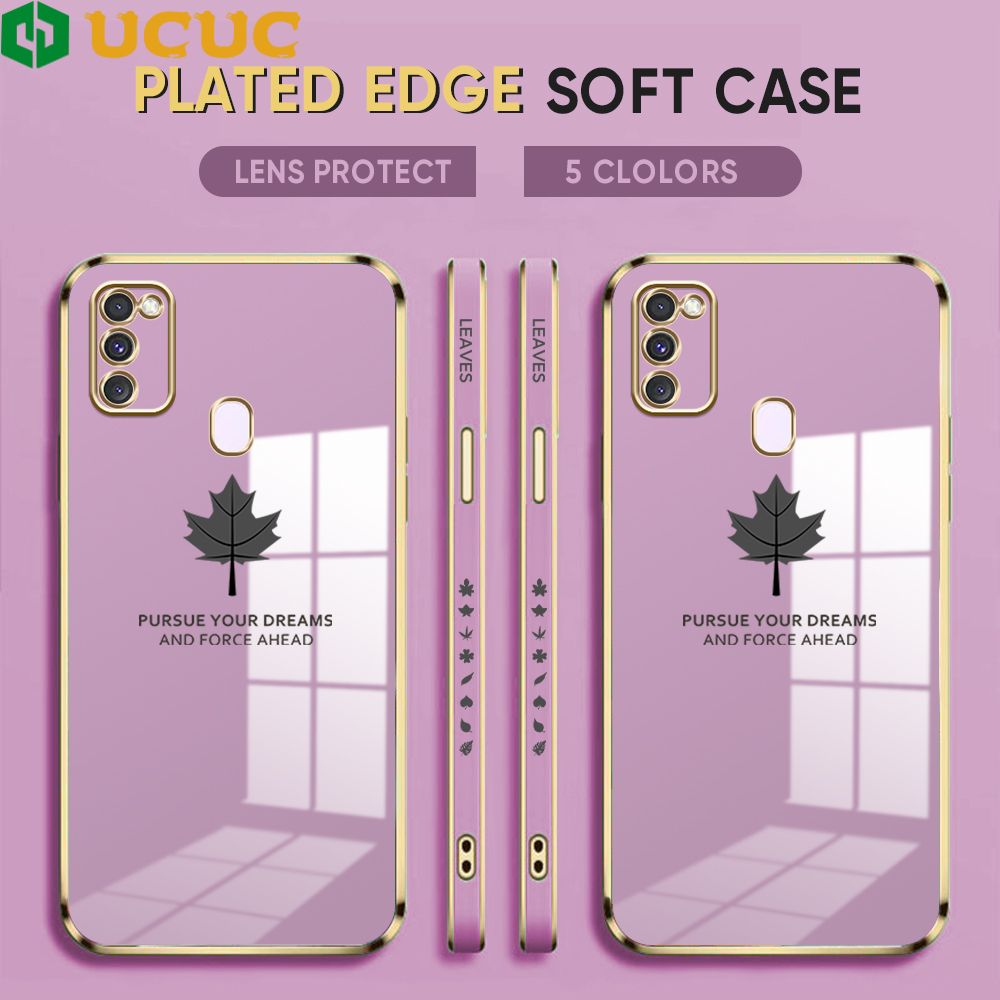 UCUC for Samsung Galaxy M21 M30S Back Cover + Free Lanyard Maple Leaf Luxury 6D Plating Case Side Pattern Soft Silicone Square Phone Cases
