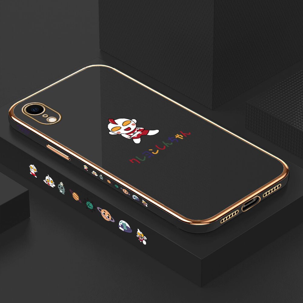 Luxury 6D Plating Case for iPhone XR Cute Cartoon Side Pattern Back Cover Soft Silicone Square Frame Shiny Bling Phone Cases + Free Lanyard