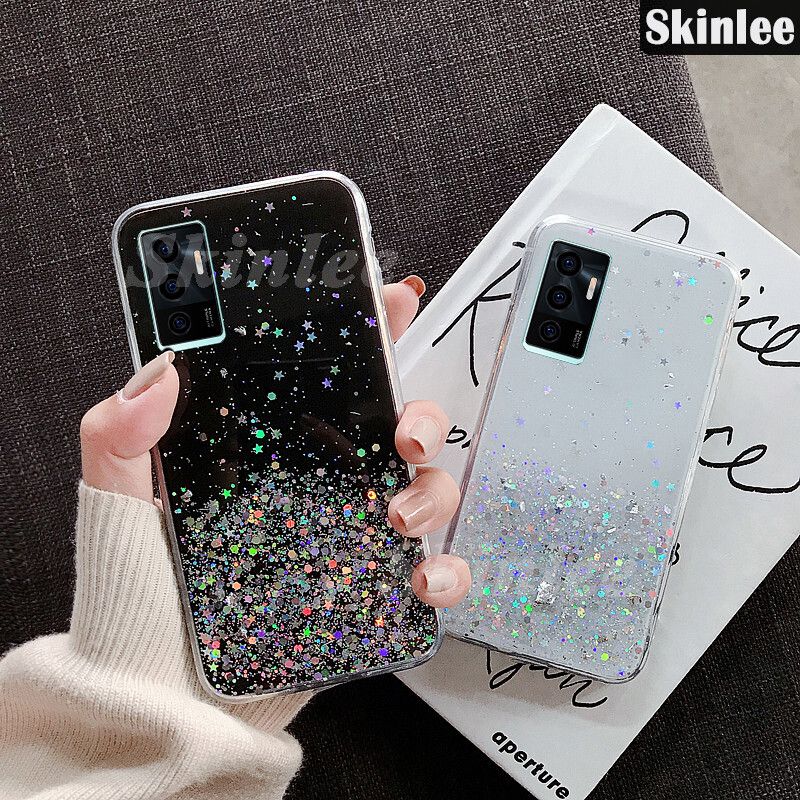 Phone case VIVO V23E Back cover Full Stars Moon Starry Sky Transparent Bling Sequins Soft Back cover for VIVO V23E cases