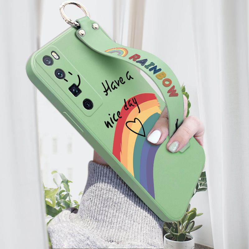 Hontinga for Huawei Nova 7 Pro Wrist Strap Case Lovely Graffiti Rainbow Smile Thin Phone Cover Square Edge Liquid Silicone Creativity Phone Case
