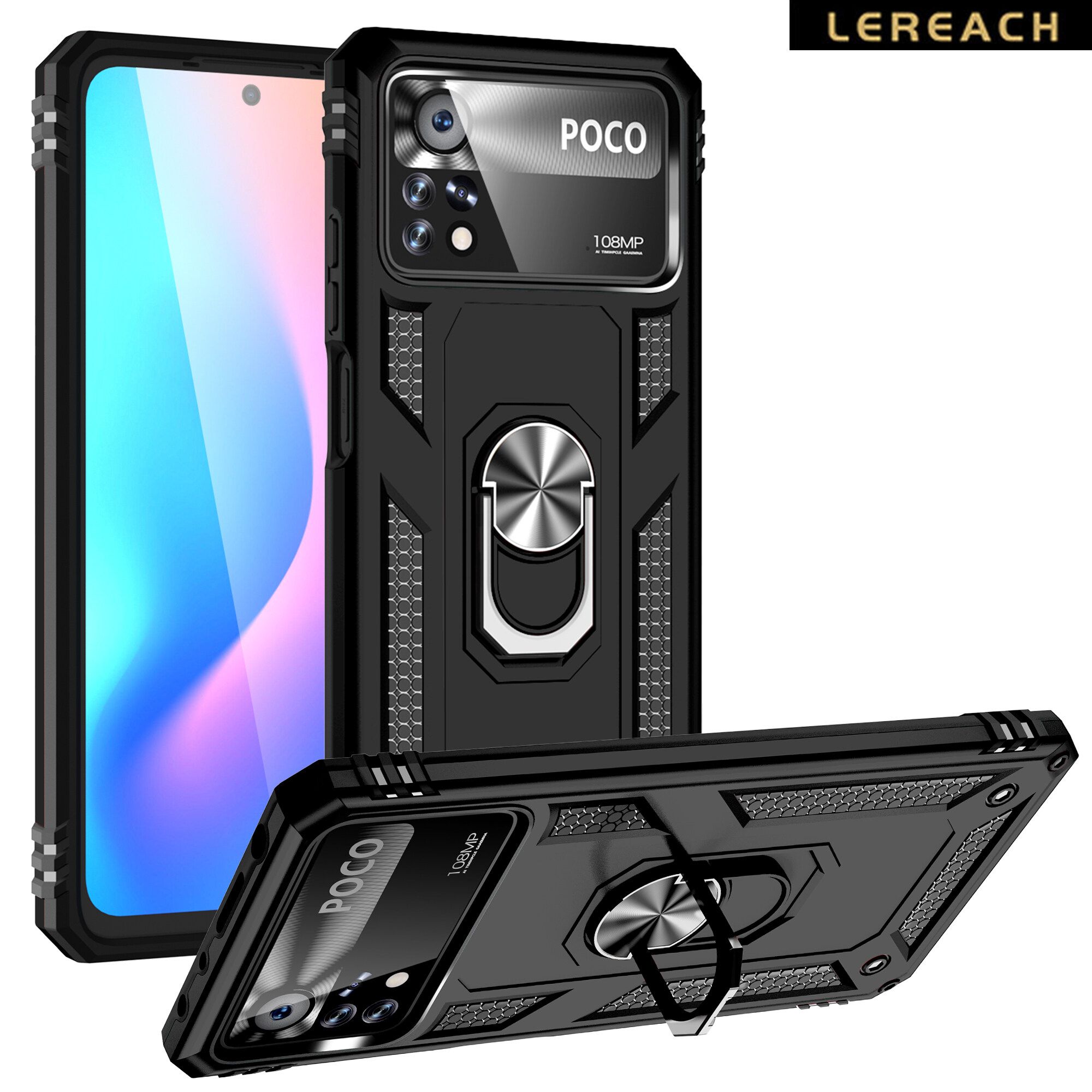 Lereach Thick Armor For Xiaomi Poco X4 Pro 5G Mobile Phone Case TUP+PC Hard Ring Car Ring Bracket Shockproof Back Cover