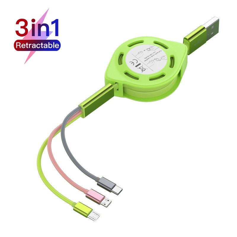 1m/1.5m Retractable 3in1 2in1 USB Type C Micro USB 8 Pin Cable for iPhone Huawei Charger Cable 2A Fast Charging USB C Cable