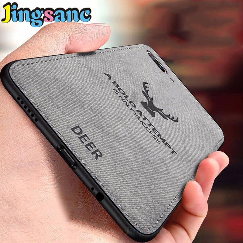 For OPPO A12e/A3s/A52/A92 Phone Case Ultra Thin Hybrid TPU Linen Cloth Fabric Canvas Stripe Moose Pattern Design Shockproof Soft Back Cover Casing