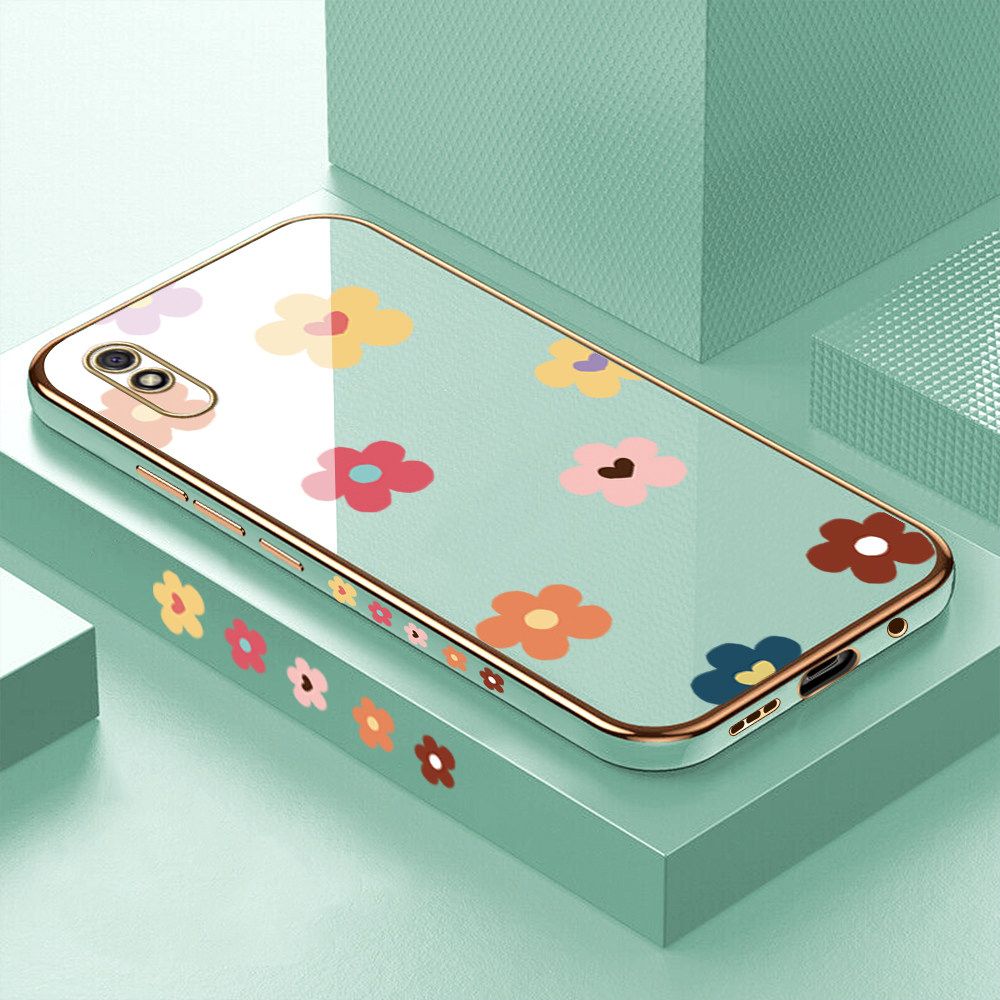 Luxury 6D Plating Case for Redmi 9A Color Cartoon Flowers Side Pattern Back Cover Soft Silicone Square Frame Shiny Bling Phone Cases + Free Lanyard
