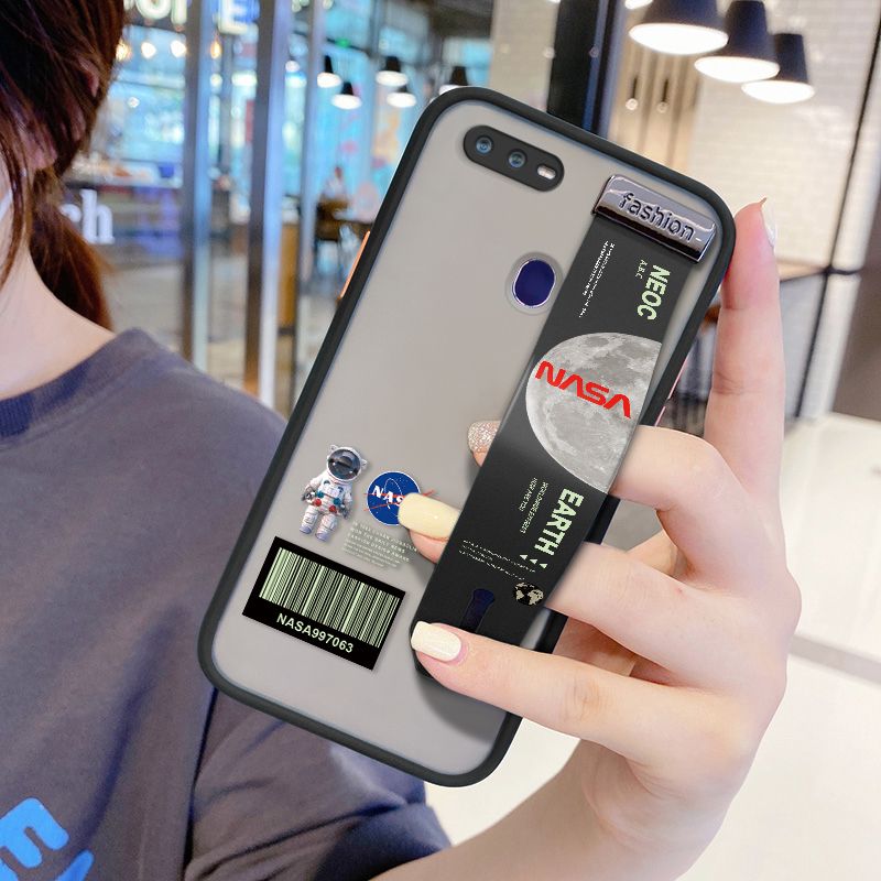 UCUC for OPPO F9 Wrist Strap Case Creative Cartoon Astronaut Wristband Printing Cover Shockproof Frosted Phone Case