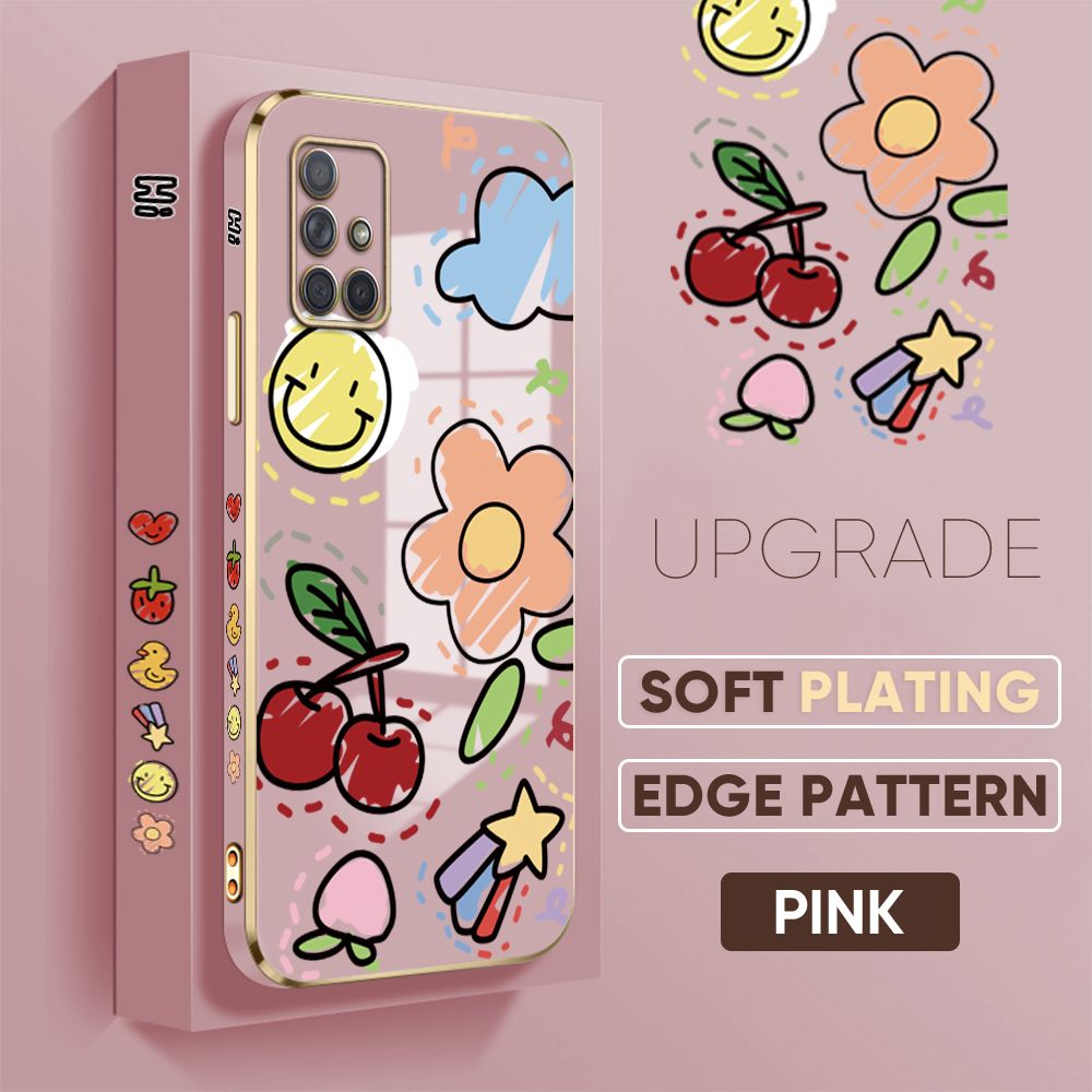 TA for Samsung Galaxy A71 Back Cover + Free Lanyard Colorful Fruit Painting Luxury 6D Plating Case Side Pattern Soft Silicone Square Phone Cases