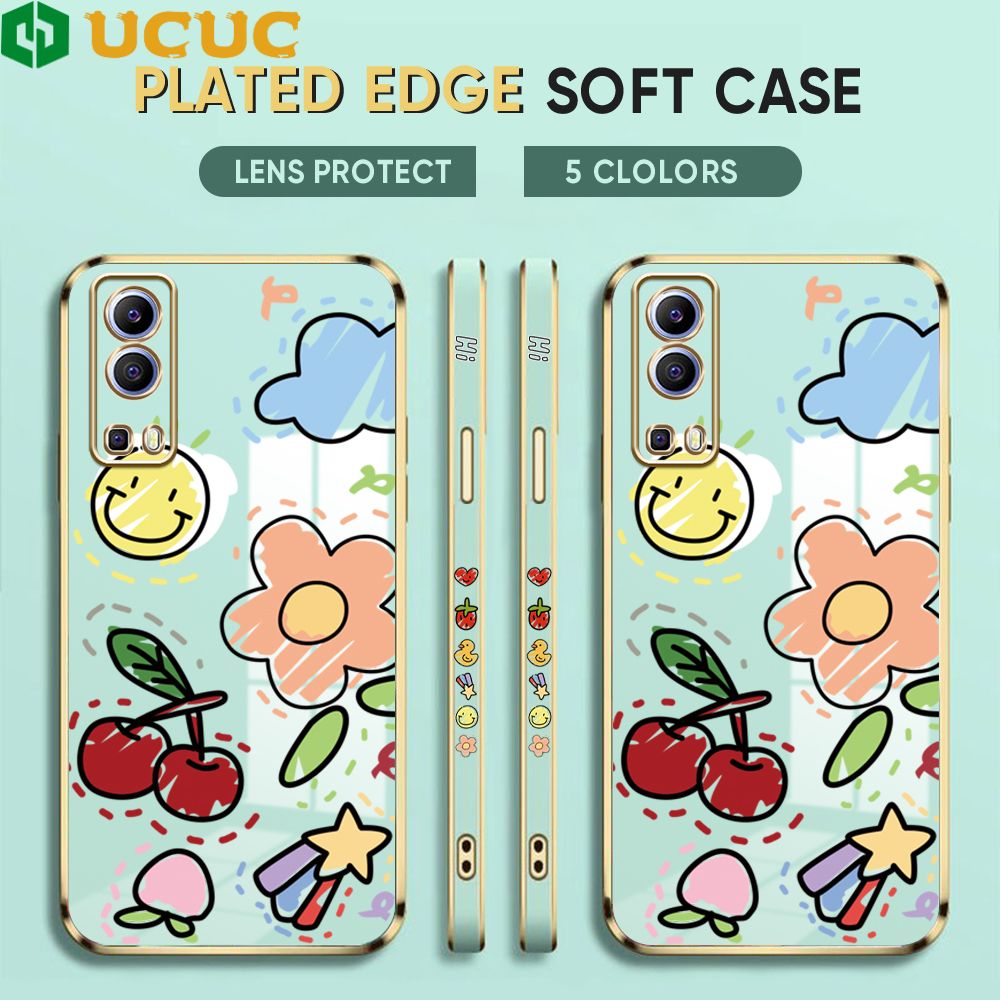 UCUC for Vivo Y72 5G Cover Fruit Doodle Luxury 6D Plating Soft Casing Silicone Square Frame Phone Case Shiny Bling Back Cover + Free Lanyard