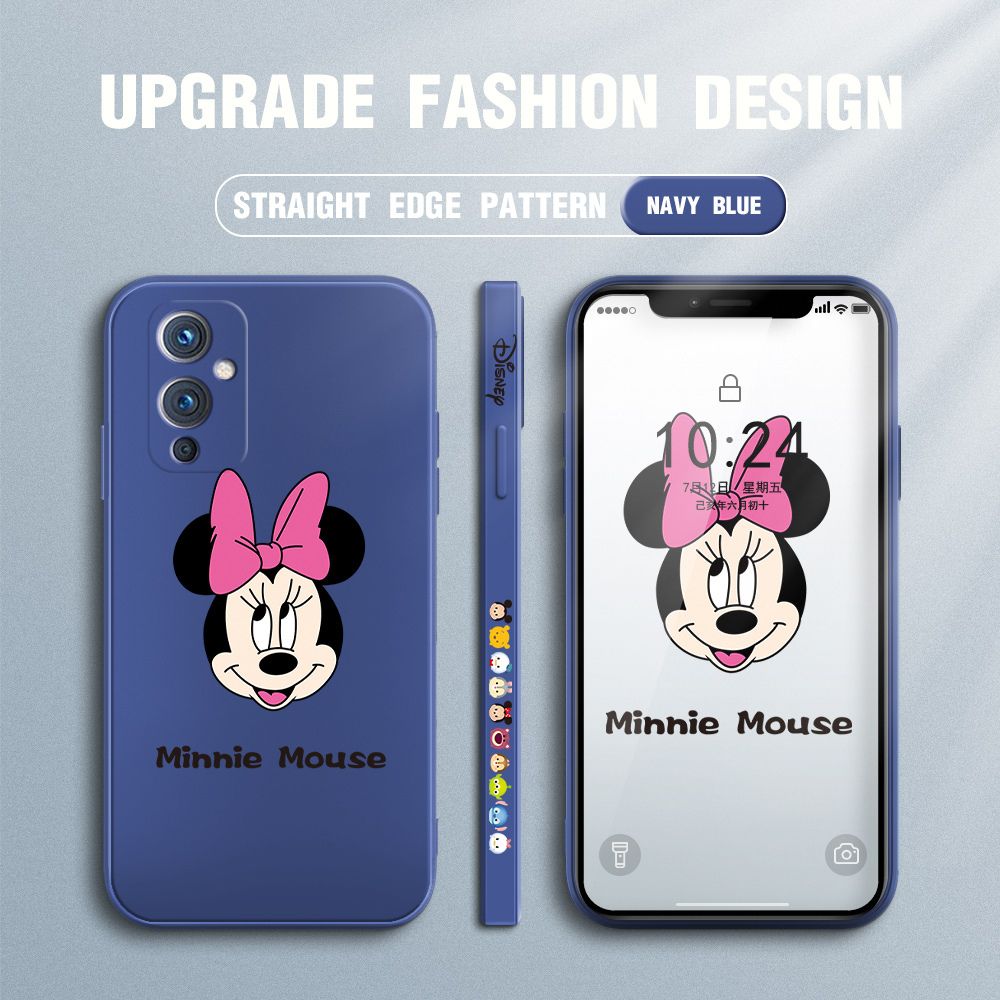 Jizetin for OnePlus 9 Case Minnie Mickey Mouse Design Side Design Phone Case Square Edge Pattern Liquid Silicone Cases Full Cover Camera Shockproof Protective Case