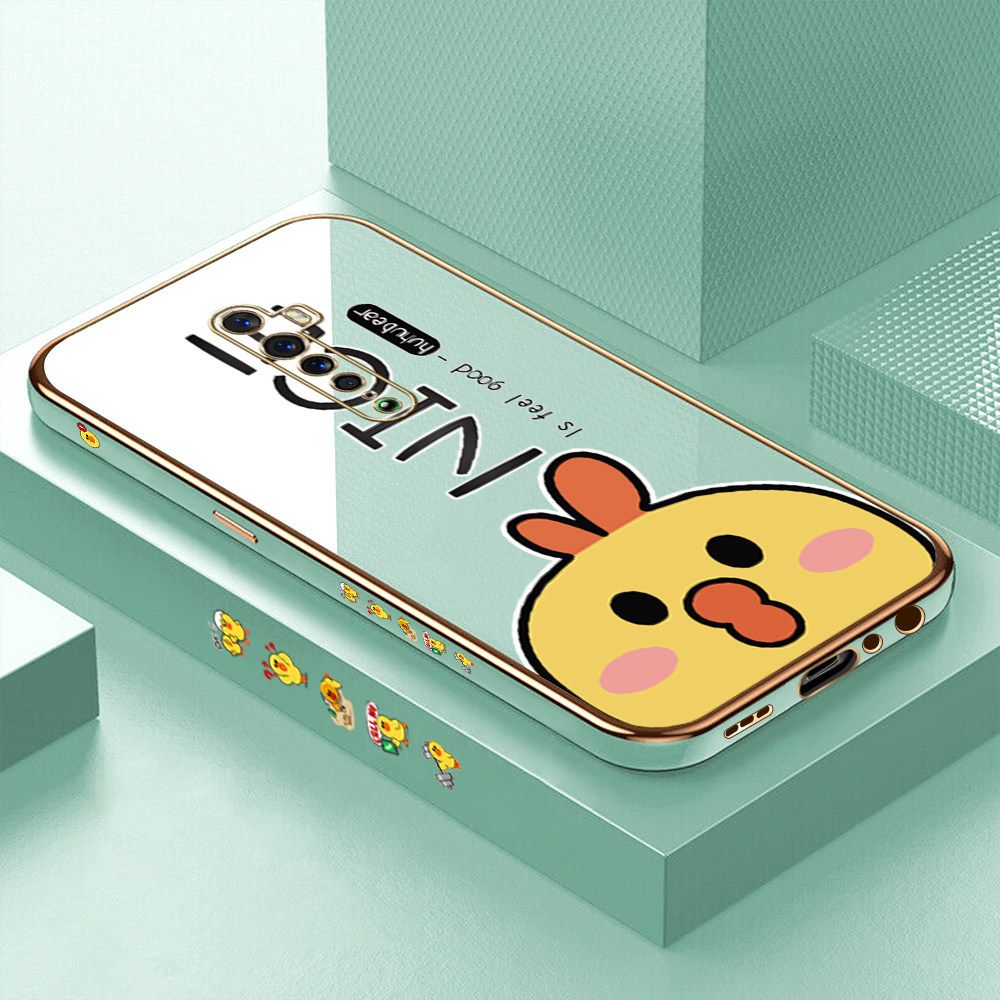 Luxury 6D Plating Case for OPPO Reno 2 Cute Cartoon Chicken Side Pattern Back Cover Soft Silicone Square Frame Shiny Bling Phone Cases + Free Lanyard