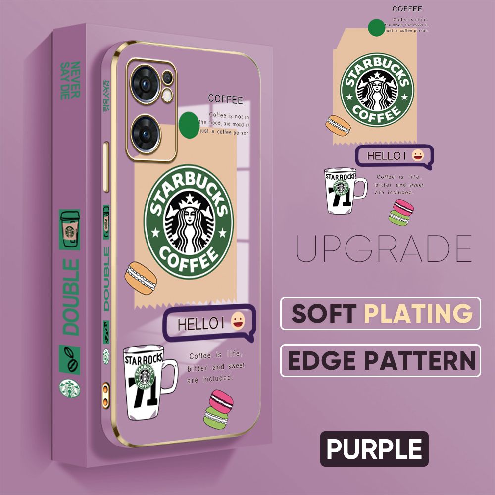 Jizetin (Free Lanyard) OPPO Reno7 5G Back Cover Coffee Macarons Luxury 6D Plating Case Side Pattern Soft Silicone Square Mobile Phone Cases