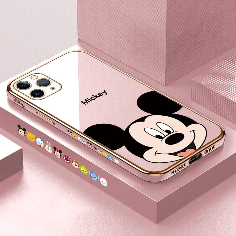 Luxury 6D Plating Soft Casing Silicone Square Frame Phone Case For iPhone 11 Pro Max Case Shiny Bling Back Cover Cartoon Big Head Mouse Square Edge Pattern Design Soft Case + Free Lanyard