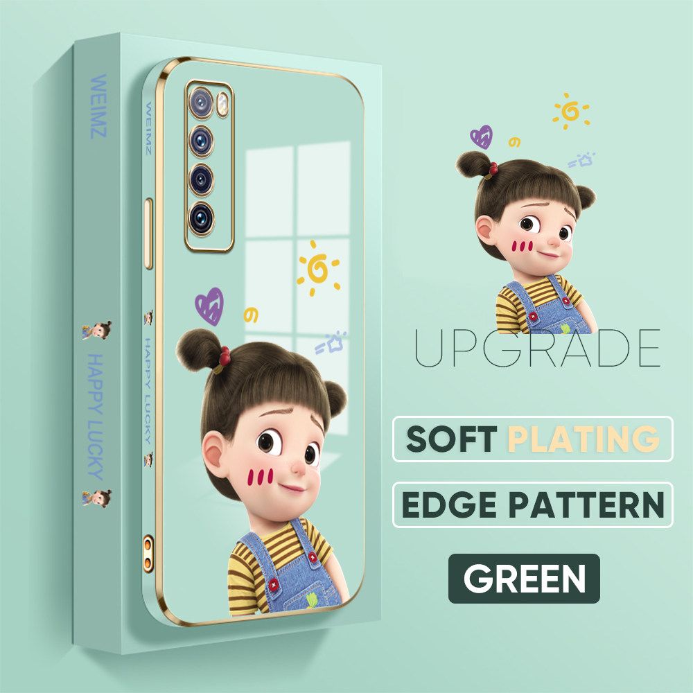 Jizetin (Free Lanyard) Huawei Nova 7 Back Cover Double Ponytail Girl Luxury 6D Plating Case Side Pattern Soft Silicone Square Mobile Phone Cases