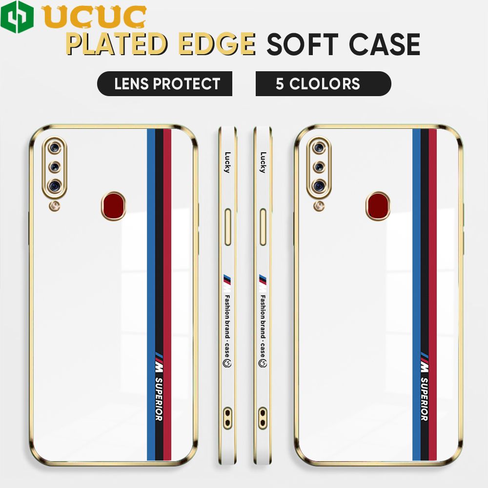 UCUC for Samsung Galaxy A20S Back Cover + Free Lanyard Track Sign Luxury 6D Plating Case Side Pattern Soft Silicone Square Phone Cases
