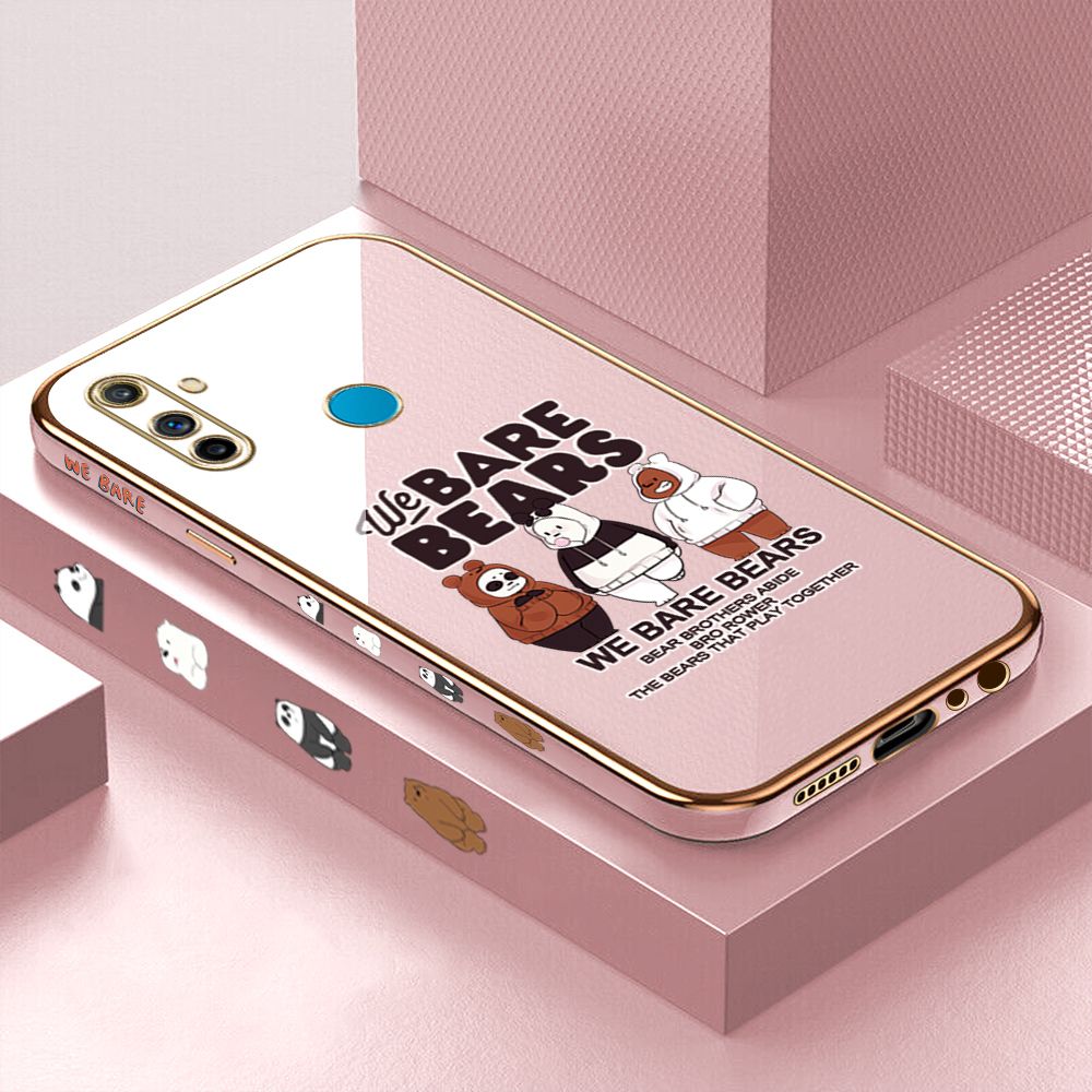 Luxury 6D Plating Case for Realme C3 Three Little Bears Side Pattern Back Cover Soft Silicone Square Phone Cases + Free Lanyard
