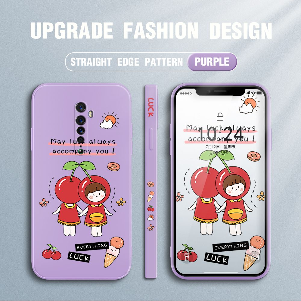 Jizetin for OPPO Reno 2 Case Fashion Cherry Girl Design Side Design Phone Case Square Edge Pattern Liquid Silicone Cases Full Cover Camera Shockproof Protective Case