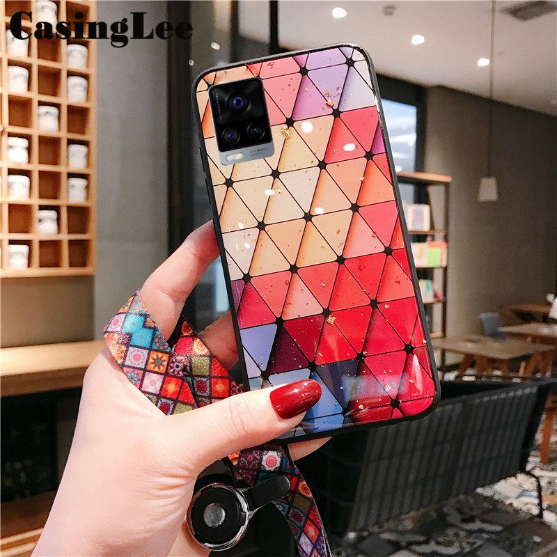 Protect Cover For VIVO V21 case Shiny Gold Foil soft Phone case with Strap for Vivo V21 Back Cover Rhombus geometry Design