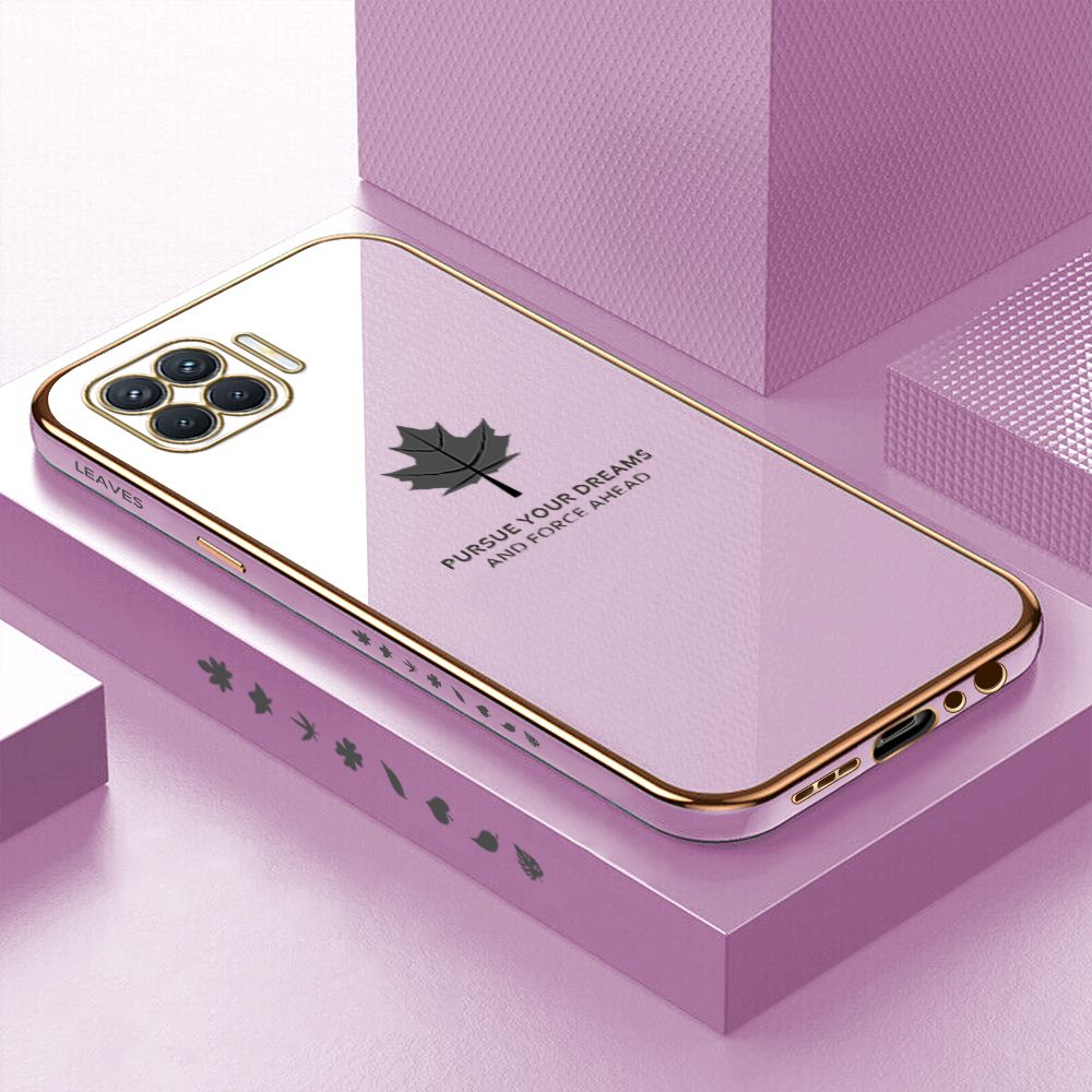 Luxury 6D Plating Case for OPPO Reno4 F Maple Leaf Side Pattern Back Cover Soft Silicone Square Phone Cases + Free Lanyard