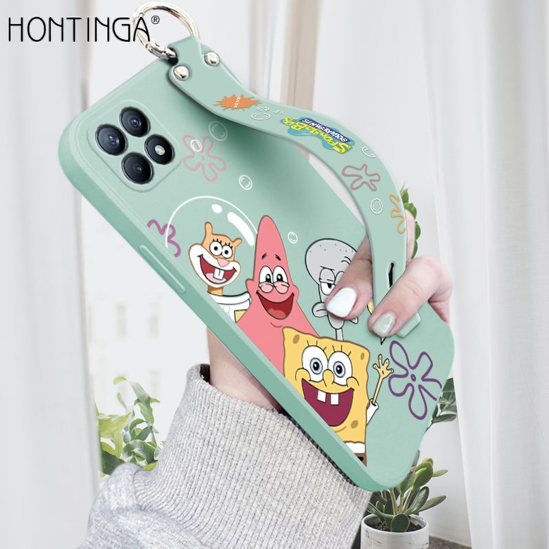 Hontinga for OPPO Reno4 SE 5G Wrist Strap Case Cute Cute Funny Cartoon Sponge for Square Pants Cover Square Edge Liquid Silicone Anti-drop Phone Case