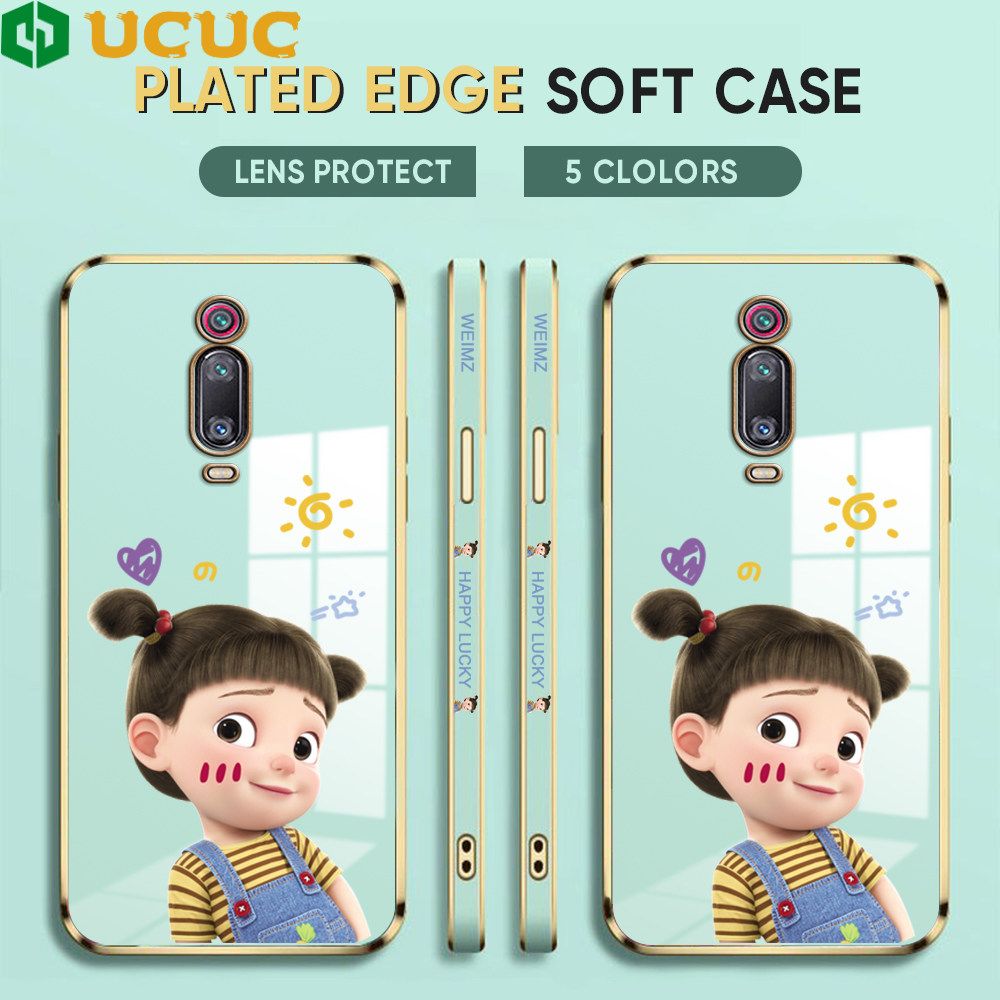 UCUC for Redmi K20 Pro / K20 / Xiaomi 9T Back Cover + Free Lanyard Lovely Girl Luxury 6D Plating Case Side Pattern Soft Silicone Square Phone Cases