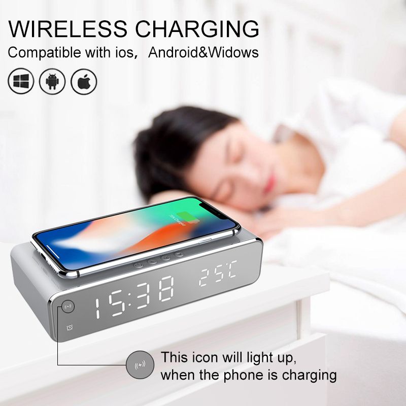 LED Electric Alarm Clock with Phone Charger Wireless Desktop Digital Thermometer Clock HD Clock Mirror with Time Memory Power Saving Mode