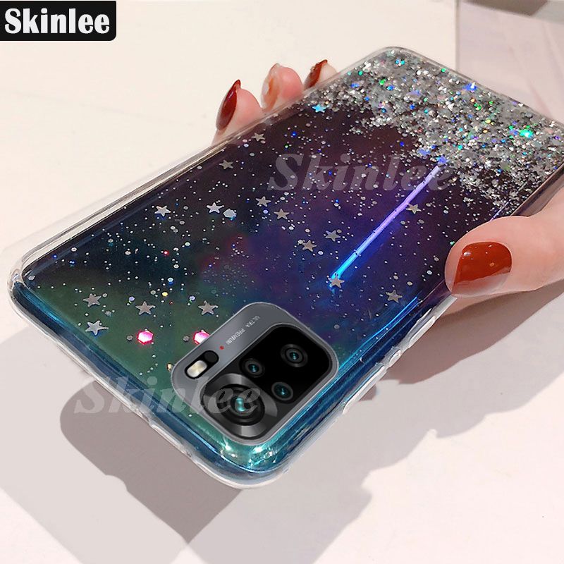 Back Cover For Xiaomi Redmi Note 10 Phone Case Glitter Silicone Soft Full Starry Sky String Glitter Transparent Space Stars Moon Redmi Note 10 Case