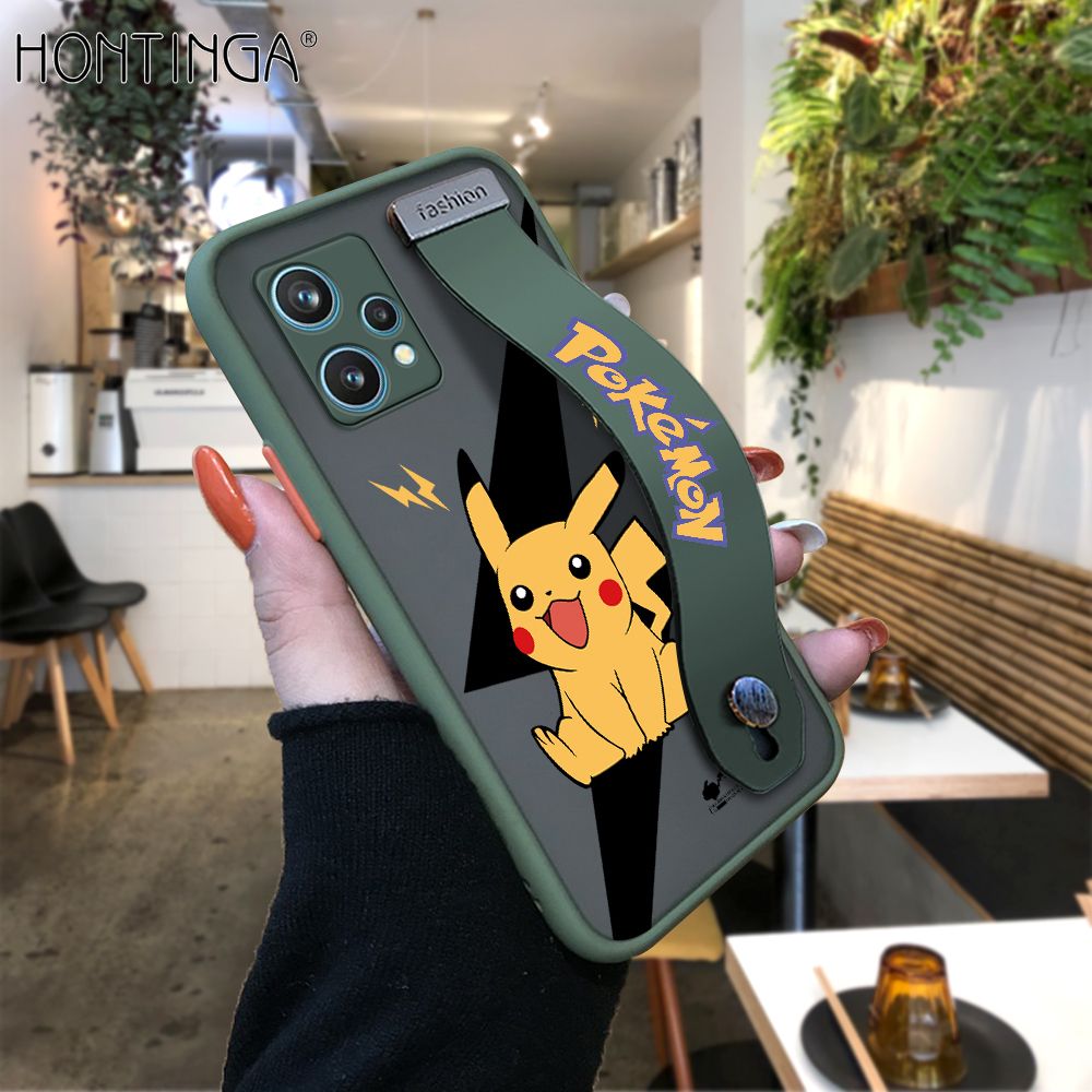 Hontinga for Realme 9 Pro+ 5G Back Cover With Wristband Cartoon Pikachu Phone Casee Full Lens Protection Thin Frosted Cases