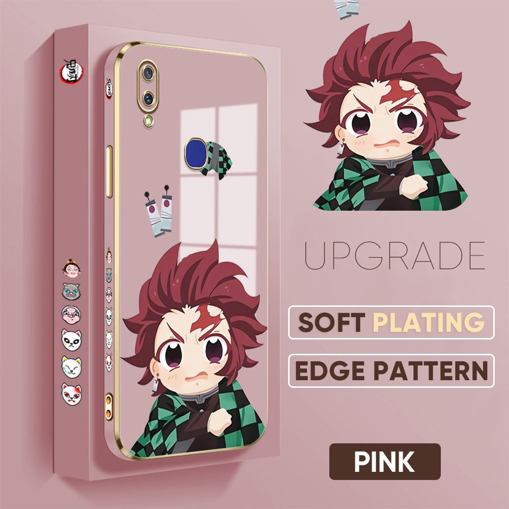 Jizetin (Free Lanyard) Vivo V11i Cover Wronged Tanjiro Luxury 6D Plating Soft Casing Silicone Square Frame Phone Case Shiny Bling Back Cover