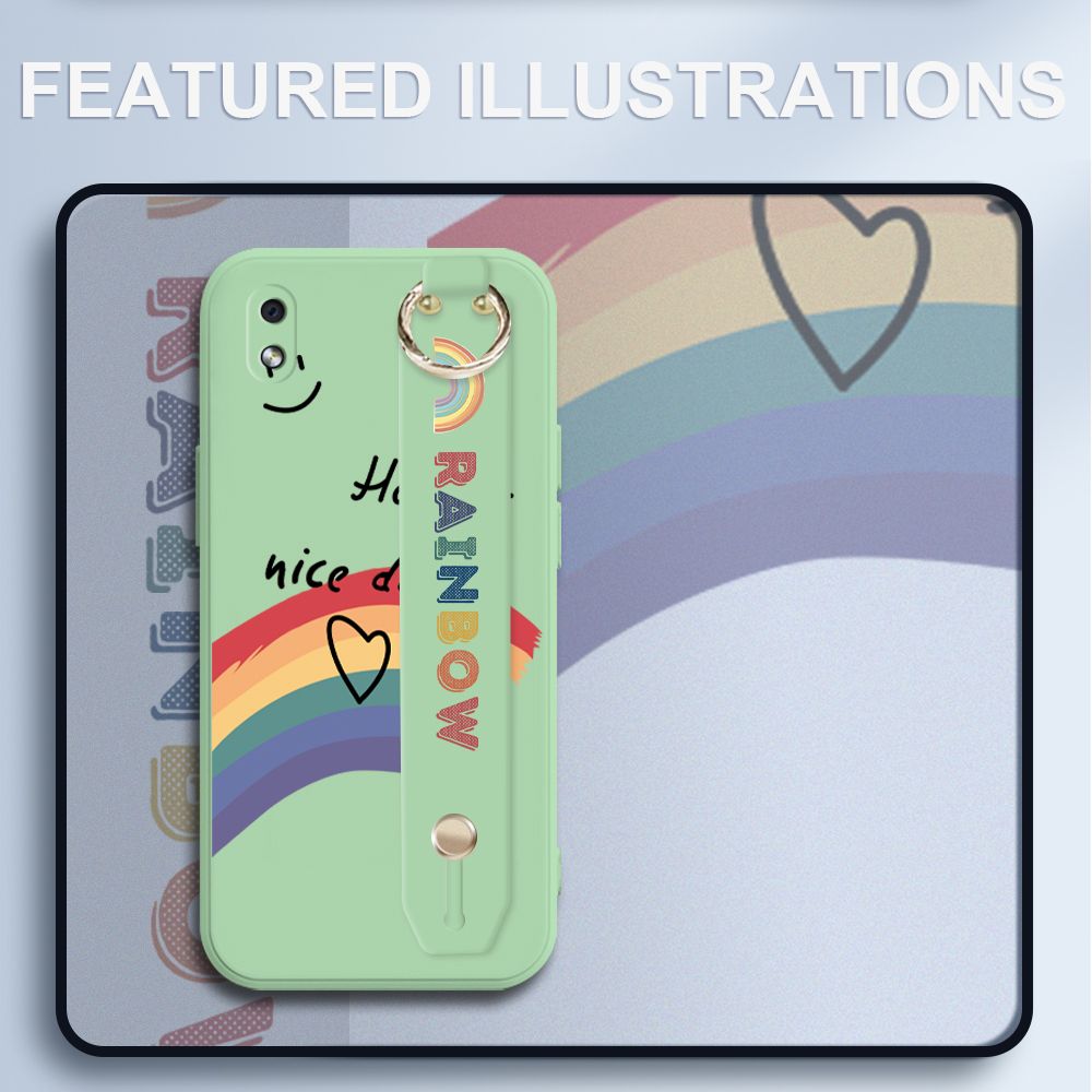 UCUC for Samsung Galaxy A01 Core Wrist Strap Case INS Style Smile Rainbow Cover Ultra Thin Anti Fall Liquid Silicone Phone Case