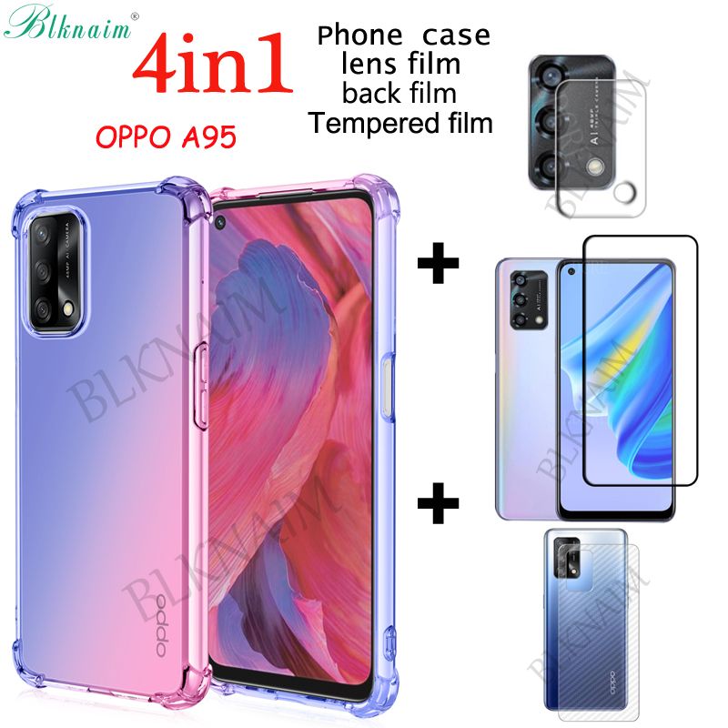 BLKNAIM (4-in-1) For OPPO A95 Case Anti-fall Color Mobile Phone +  Full Screen Tempered Glass Film + Carbon Fiber Back Film + Lens Film